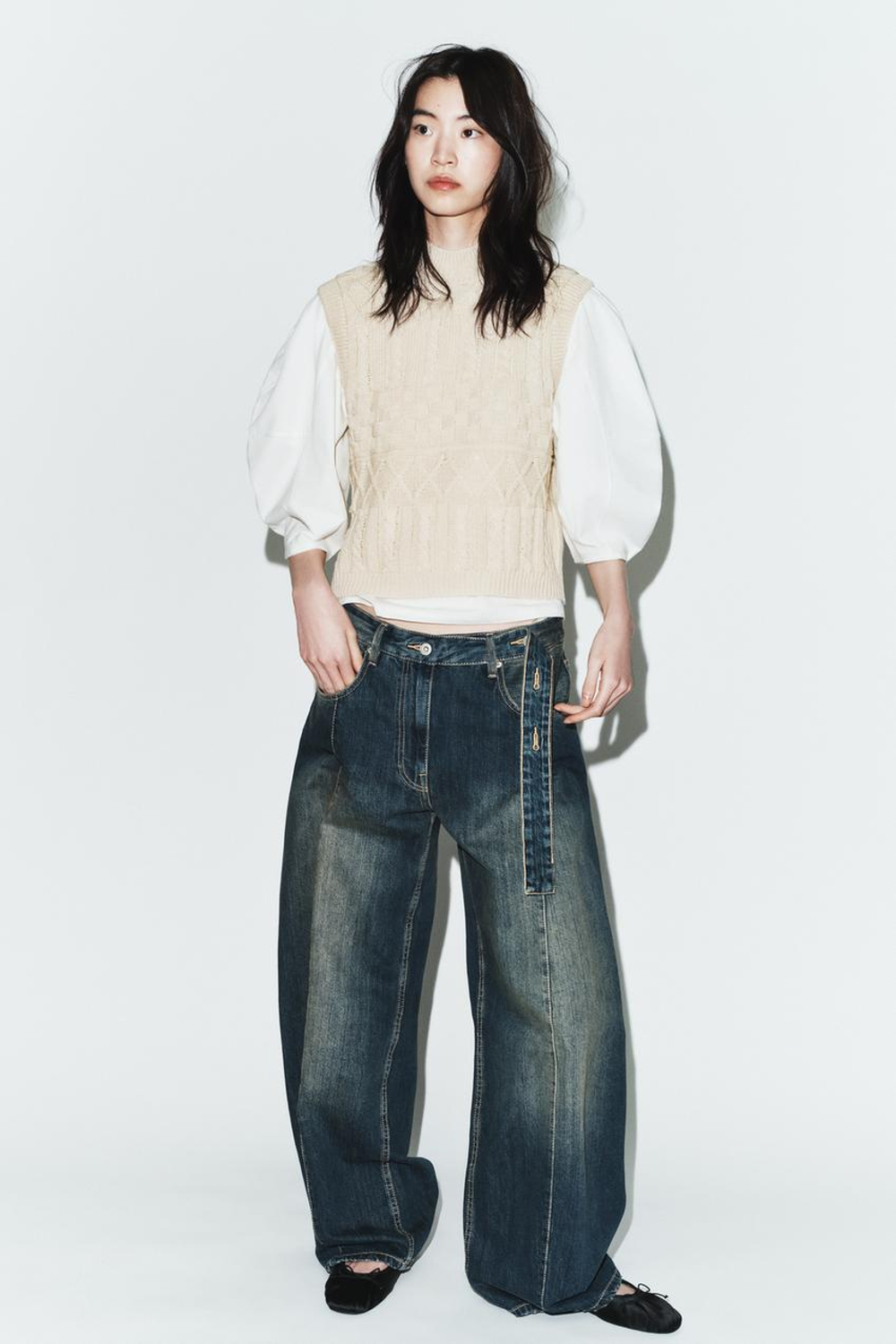 ZARA КОМБИНИРОВАННАЯ ФУТБОЛКА С ЖИЛЕТОМ, ЭКРЮ