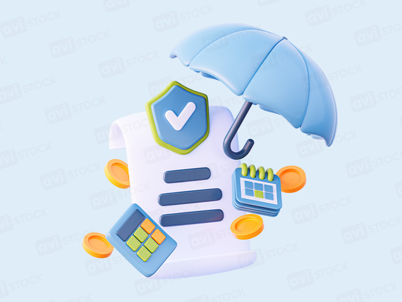 3D иконка страхования с щитом, калькулятором и зонтом