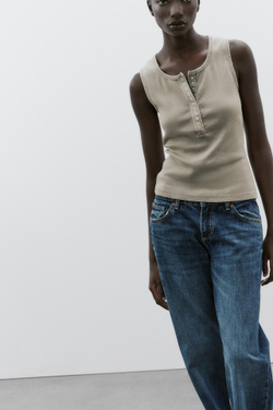 ZARA ТОП В РУБЧИК ИЗ ТКАНИ С ЭФФЕКТОМ ПОТЕРТОСТИ, ХАКИ