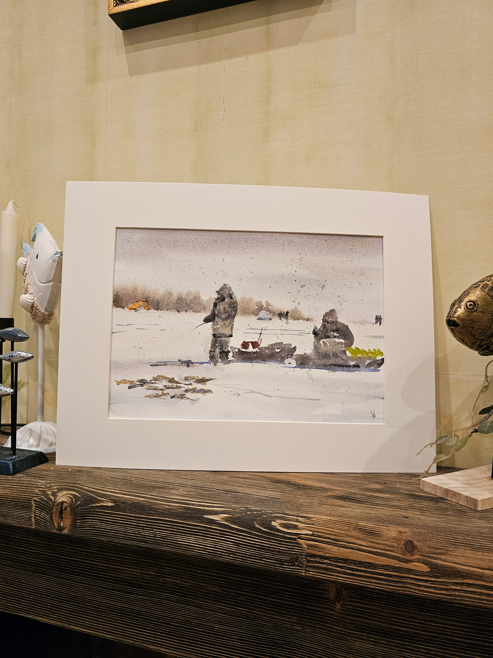 Картина авторская акварельная в паспарту 30х40 см на стену для интерьера "Зимняя рыбалка"