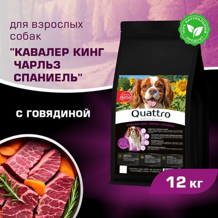Корм сухой для взрослых собак породы Кавалер кинг Чарльз спаниель, с говядиной, 12 кг, QUATTRO
