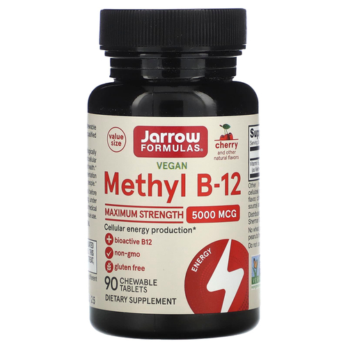 Jarrow Formulas, веганский метил B12, максимальная эффективность, со вкусом вишни, 5000 мкг, 90 жевательных таблеток
