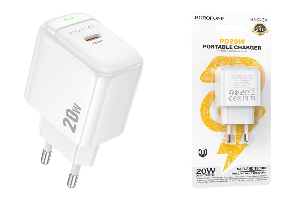 Сетевая зарядка с поддержкой быстрой зарядки PD 3А 20Вт USB-C BOROFONE BAS43A белый