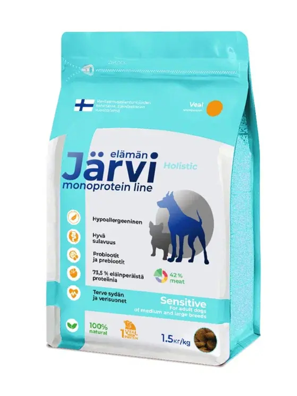 Jarvi сухой монопротеиновый полнорационный корм для собак сред. и крупных пород с чув. пищеварением, Телятина, 1,5кг.