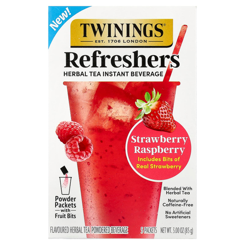 Twinings, Refreshers, растворимый напиток на основе травяного чая, клубника и малина, без кофеина, 5 пакетиков по 17 г (0,6 унции)