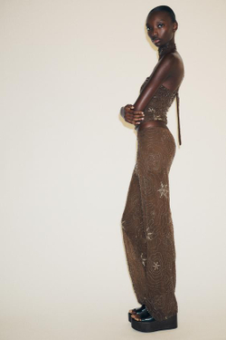 ZARA БРЮКИ С БУСИНАМИ И ПАЙЕТКАМИ, ШОКОЛАДНЫЙ