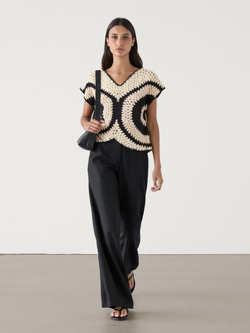 Massimo Dutti Топ из кружева кроше с контрастной деталью, натуральный, кремовый