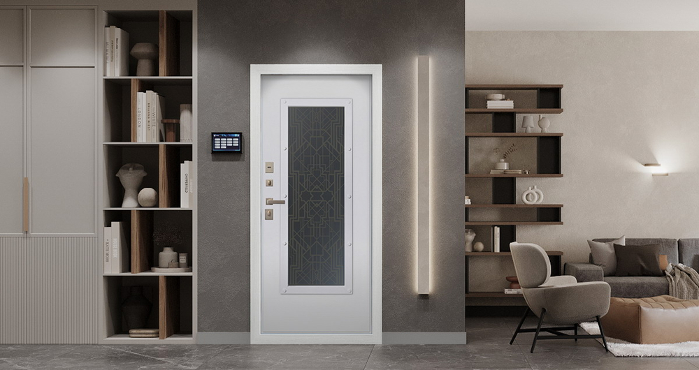 Стальная дверь "Изумруд" с окном и лазерной резкой (терморазрыв 3к)