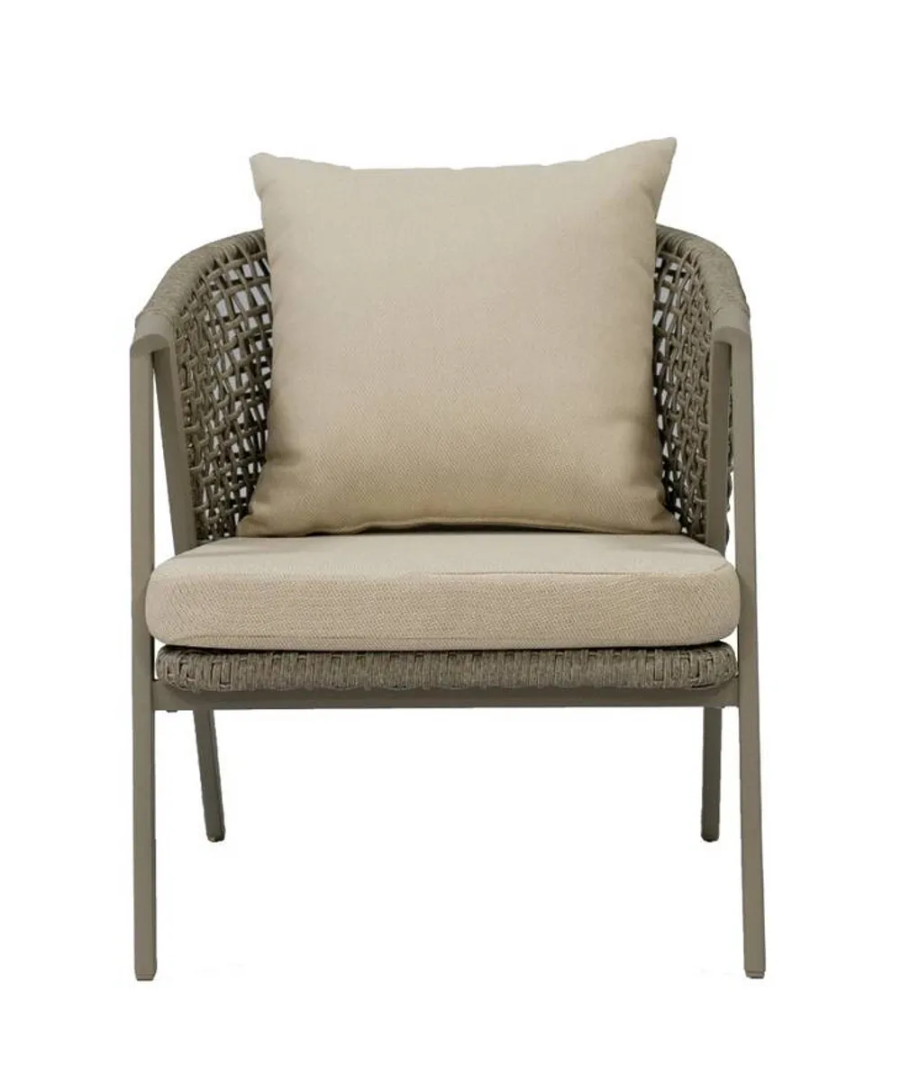 "Амстердам" кресло плетеное из роупа, каркас алюминий, роуп серый круглый, ткань бежевая