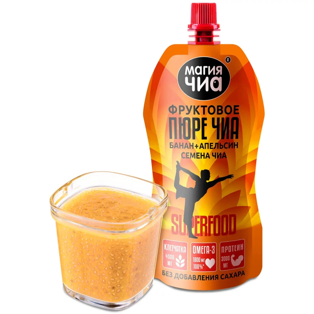 Фруктовое пюре Чиа Банан+Апельсин МАГИЯ ЧИА, 150 г, упаковка и стакан