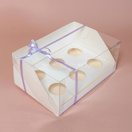 Коробка на 6 капкейков с пластиковой крышкой 23,5 х 16 х 10 см, белая