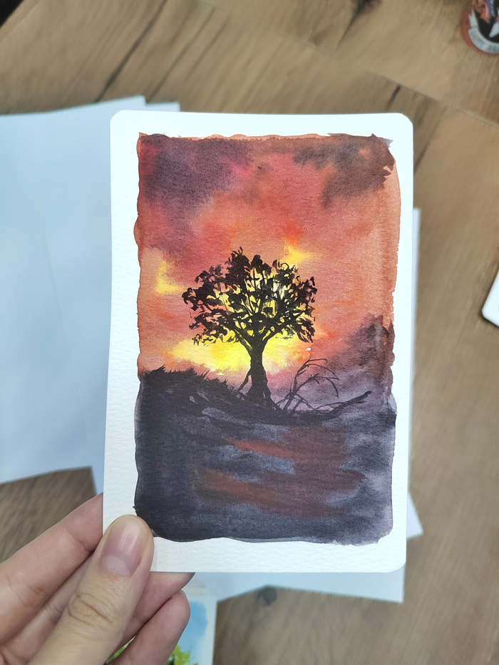 Авторская открытка от Стрелки Натали. Акварель. Оригинал. "Огненный закат"