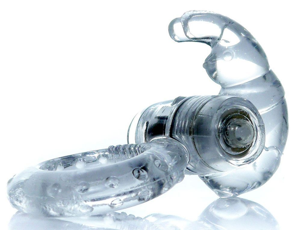 Прозрачное эрекционное виброкольцо с клиторальным зайчиком