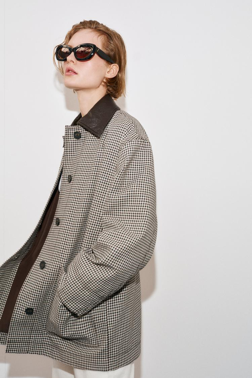 ZARA КУРТКА «ГУСИНАЯ ЛАПКА» С ОТДЕЛКОЙ ПОД КОЖУ, ЧЕРНЫЙ/ЭКРЮ