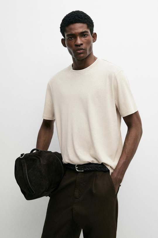 Massimo Dutti Футболка из хлопка и льна с двойным воротом, коричневый