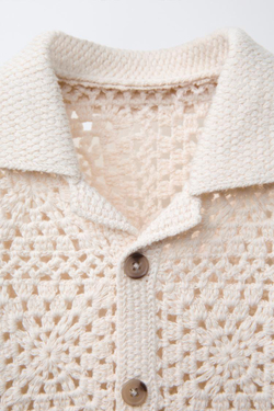 ZARA ТРИКОТАЖНАЯ РУБАШКА ИЗ КРУЖЕВА КРОШЕ, ЭКРЮ