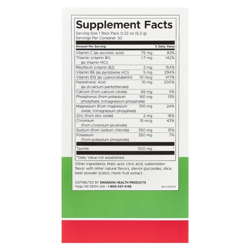 Swanson, Simply Hydrate, смесь для гидратации электролитов, арбуз, 30 пакетиков в стиках по 6,2 г (0,22 унции)