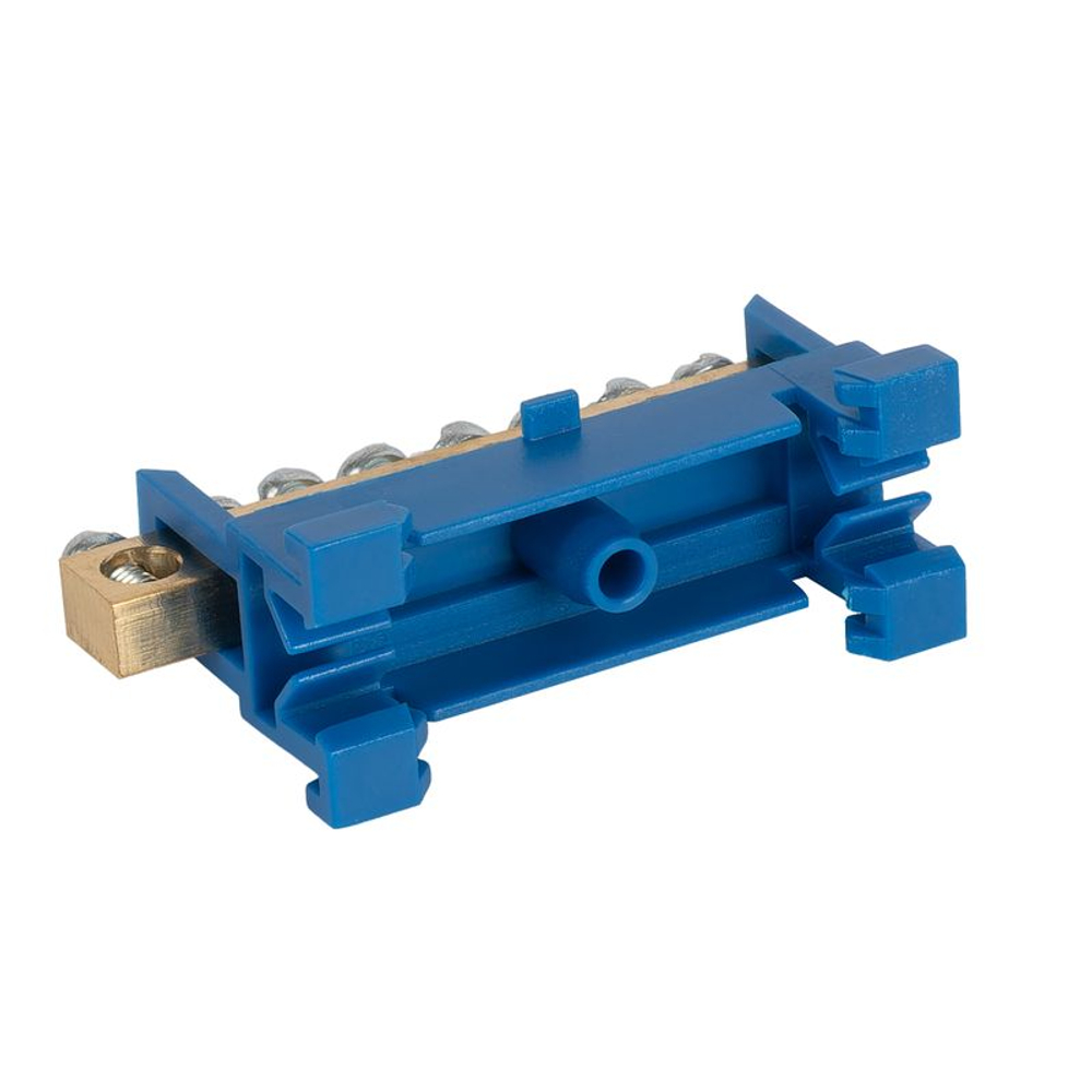 Шина нулевая 8 отверстий, изолятор стойка на DIN-рейку, синий 6х9 мм