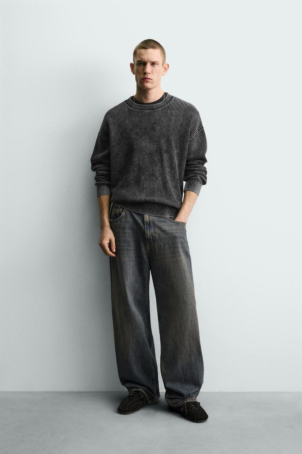 ZARA СВИТЕР В РУБЧИК С ЭФФЕКТОМ ПОТЕРТОСТИМ, ЧЕРНЫЙ