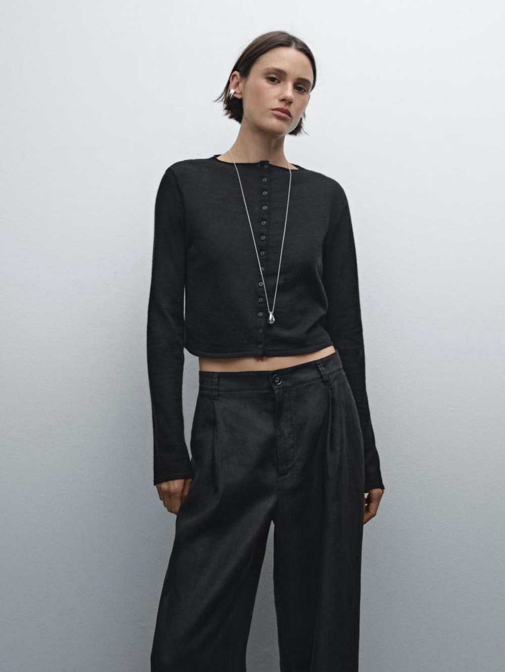 Massimo Dutti Брюки из 100% льна с широкими штанинами и средней посадкой, черный