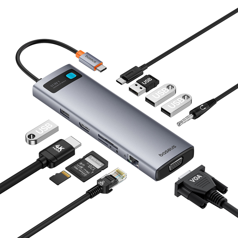 USB-C Хаб Baseus Metal Gleam 11-Port (HDMI4K@60Hz + VGA + 3xUSB3.0 + USB2.0 + USB-C-PD + RJ45 + SD + microSD/TF + mj3.5mm)