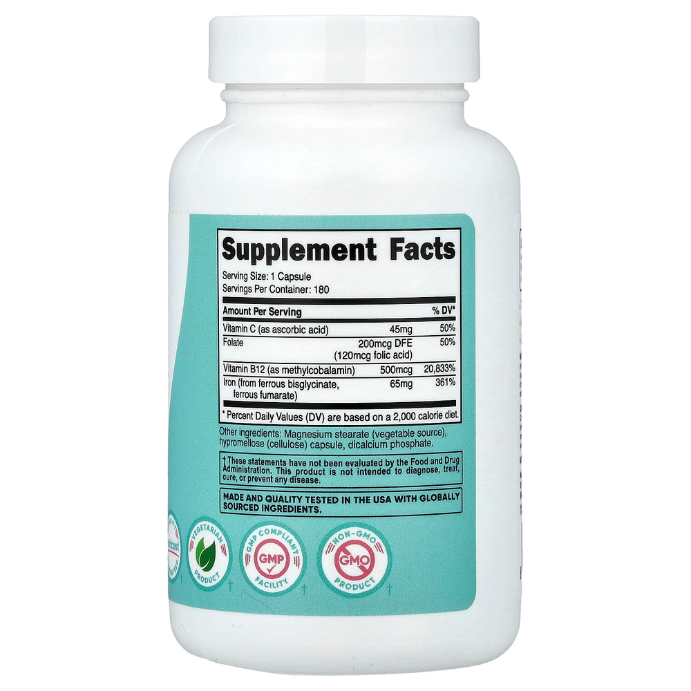 Nutricost, Women, железо с витамином C, фолатом и витамином B12 для женщин, 180 капсул