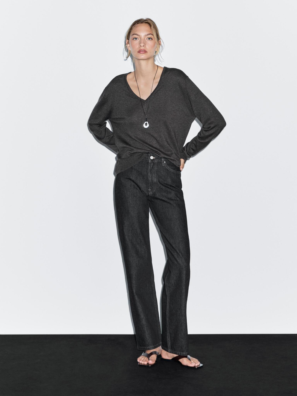 Massimo Dutti Джинсы прямого кроя с высокой посадкой, темно-серый