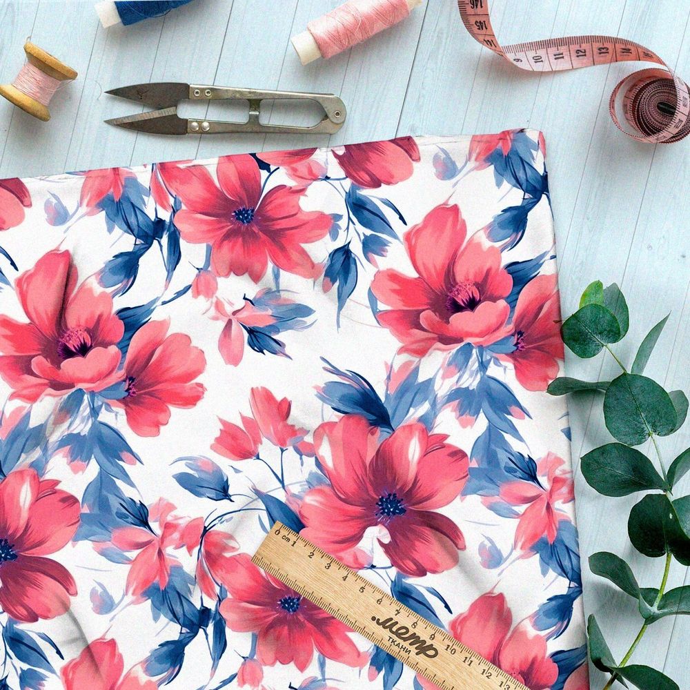 Ткань премиум таффета крупные цветы с голубыми листьями