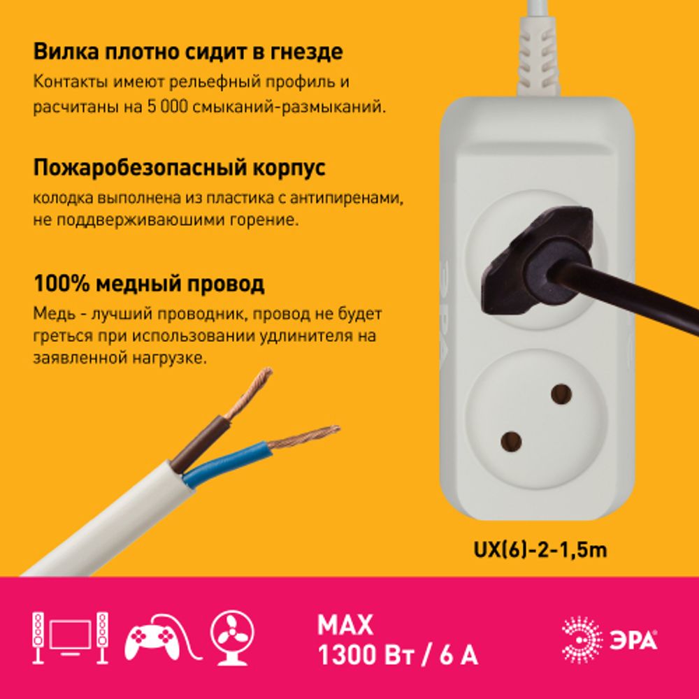 Удлинитель электрический ЭРА UX-2-1,5m без заземления 2 розетки 1,5м ПВС 2x0,75мм2 6А белый | Электротовары
