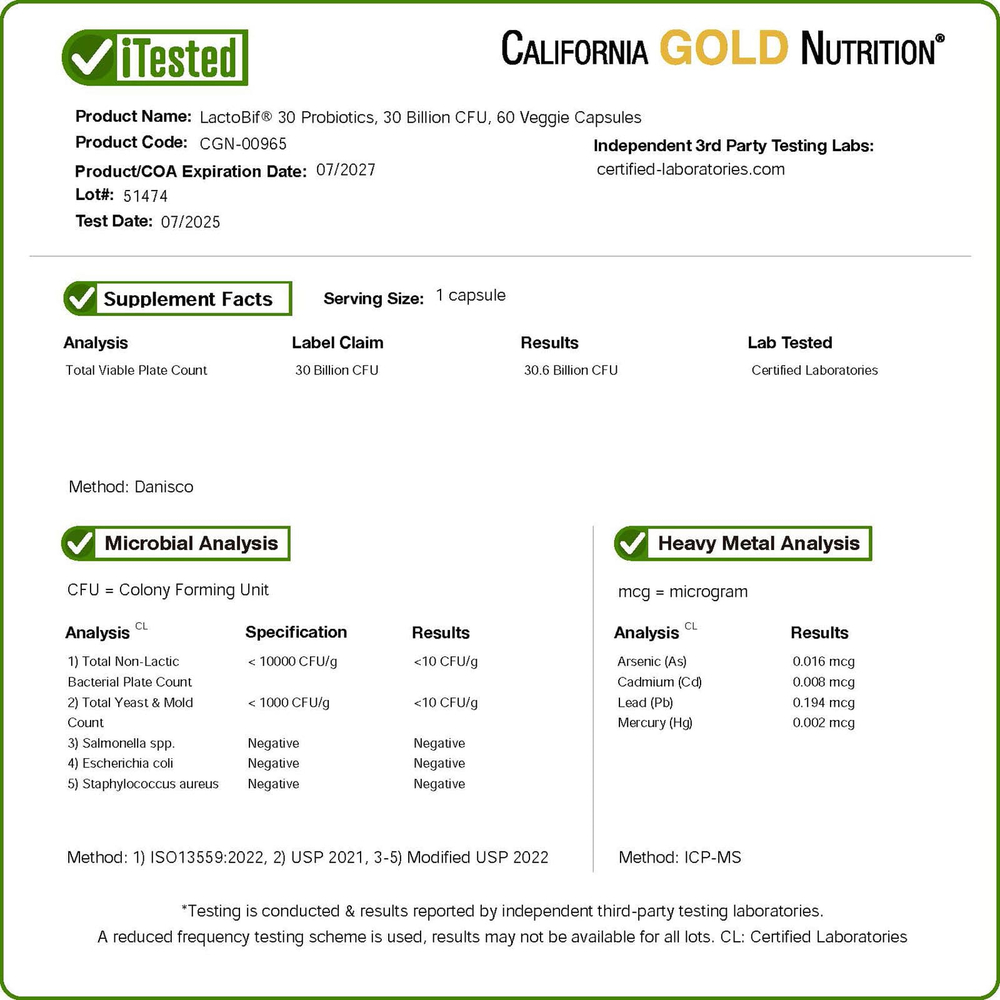 California Gold Nutrition, LactoBif® 30, пробиотики, 30 млрд КОЕ, 60 растительных капсул