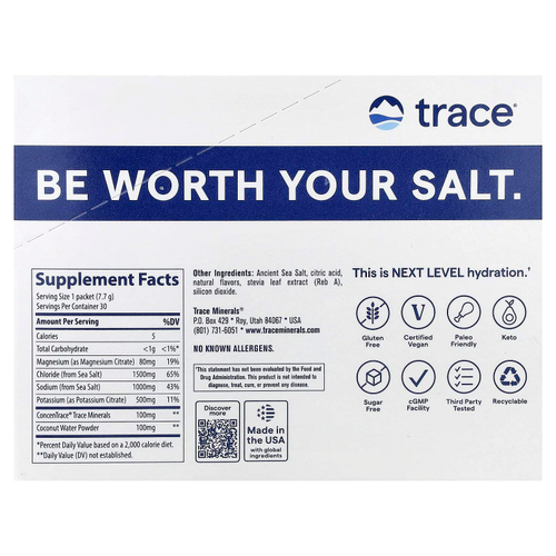 Trace, ZEROLyte, электролиты и кокосовая вода, со вкусом соленого цитруса, 30 пакетиков по 7,7 г (0,27 унции)