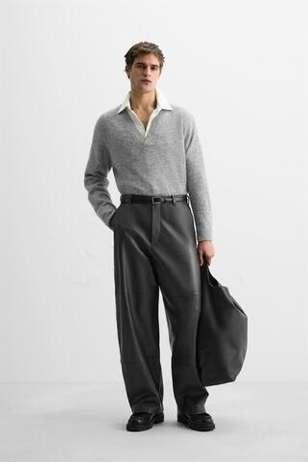 ZARA СВИТЕР ИЗ ХЛОПКА С V-ОБРАЗНЫМ ВЫРЕЗОМ, СЕРЫЙ С МЕЛАНЖЕВЫМ ЭФФЕКТОМ