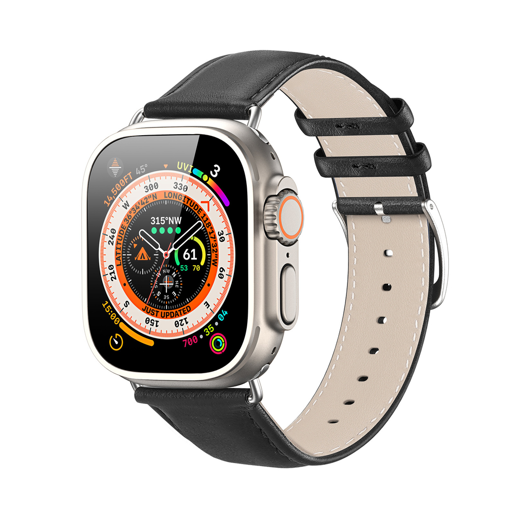 Ремешок из кожи черного цвета от Dux Ducis для смарт часов Apple Watch 42, 44, 45, 46, 49мм, серия YS Series