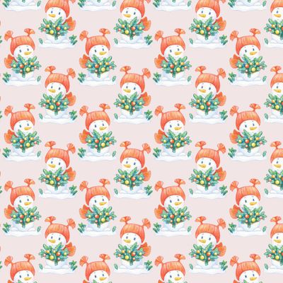 Снеговик с елкой. Ледяной розовый фон. Новый год и Рождество