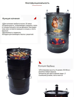 Многофункциональный угольный гриль-коптильня Multi-function drum Smoker BBQ grill чаша для огня 50*50*8см