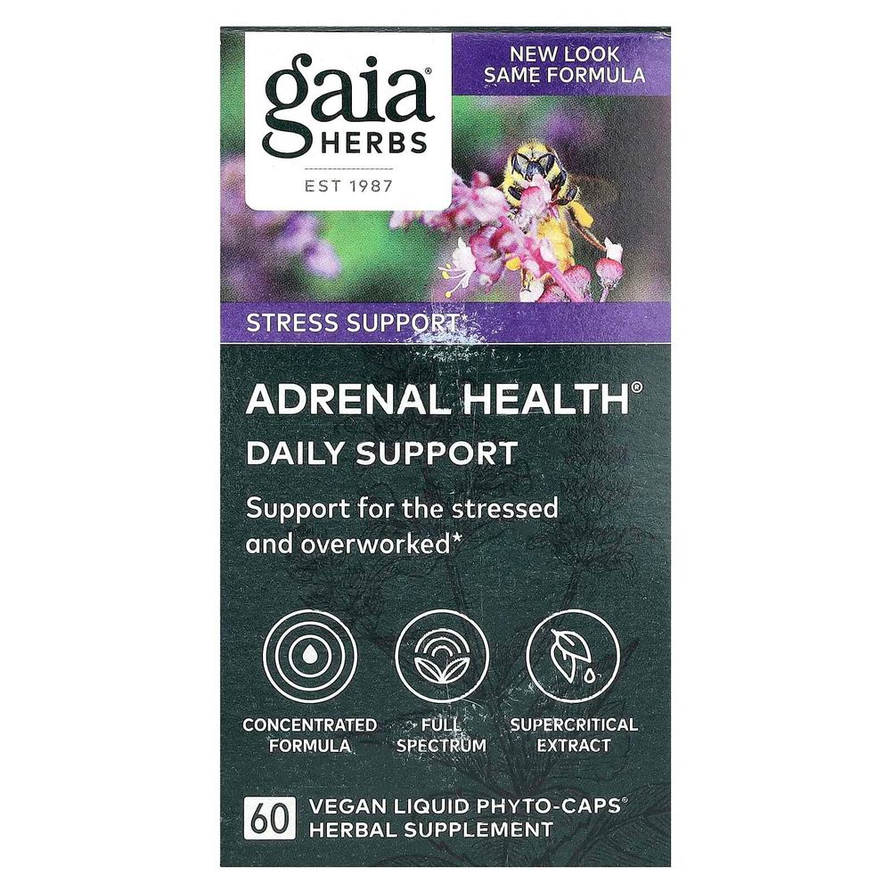 Gaia Herbs, Adrenal Health, ежедневная поддержка, 60 веганских жидких фито-капсул