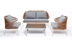 "Милан" лаунж-зона 4-местная плетеная из роупа (веревки), каркас алюминиевый светло-серый, роуп оранжевый меланж