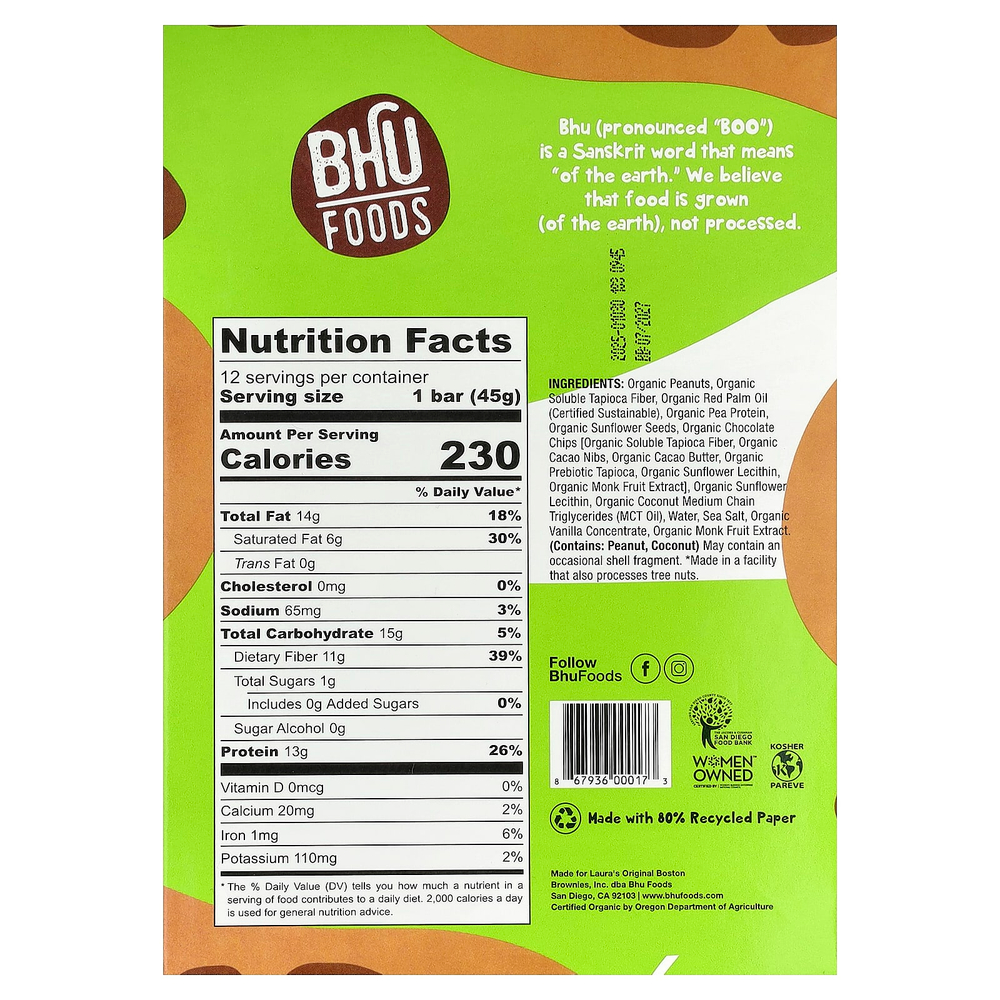 BHU Foods, Веганский протеиновый батончик, арахисовая паста и шоколадная крошка, 12 батончиков по 45 г (1,6 унции)
