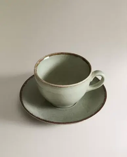 ZARA HOME ЧАЙНАЯ ЧАШКА ИЗ ФАРФОРА С ИСКУССТВЕННО СОСТАРЕННОЙ КАЙМОЙ, ЗЕЛЕНЫЙ