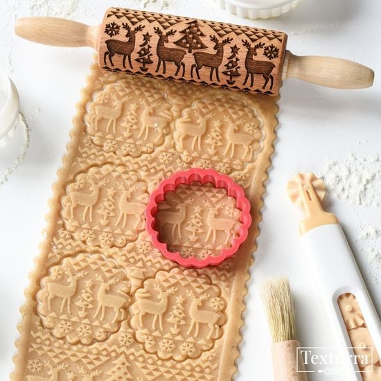 Малая скалка с узором Новогодний орнамент с оленями