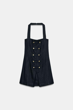 ZARA КОРОТКОЕ ПЛАТЬЕ С ЛЬНОМ, МОРСКОЙ СИНИЙ