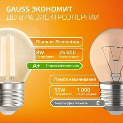 Лампочка светодиодная E27 Шар 8W теплый свет 2700К УПАКОВКА 10 шт. Gauss Elementary Filament