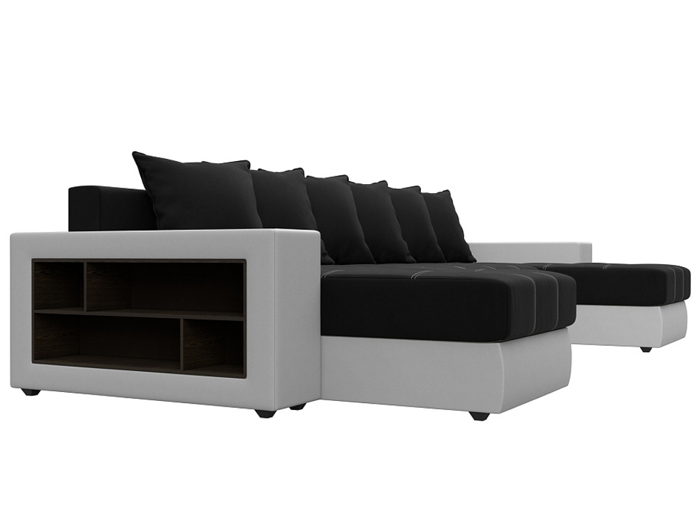 Диван П-образный Дубай полки слева, Черный\Белый, Микровельвет\Экокожа, 31514