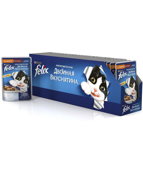 Влажный корм Felix Двойная вкуснятина для кошек, индейка печень в желе, 26 шт x 85 г