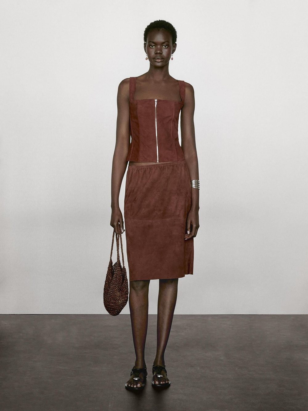 Massimo Dutti Замшевая юбка прямого кроя, коричневый