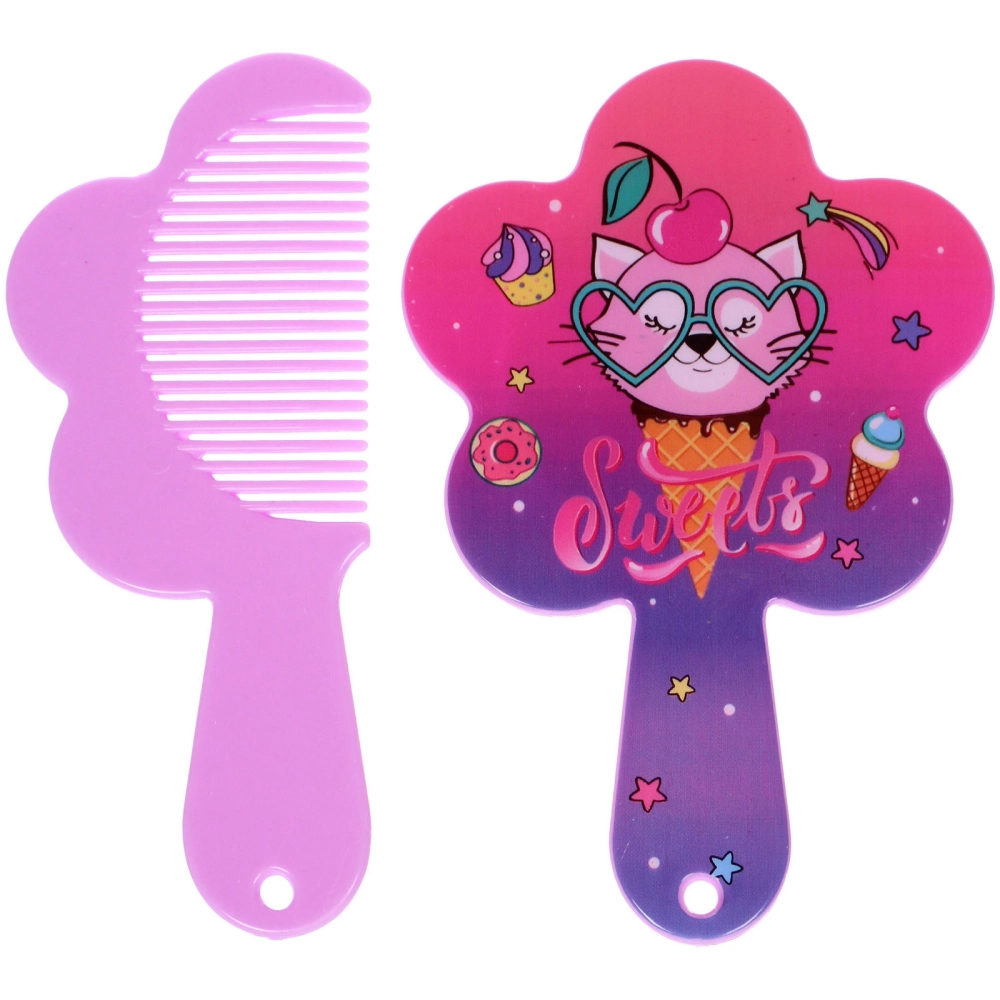 Расческа с зеркалом в наборе детские «МИМИШКИ», котик, цвет розово-фиолетовый, 11см