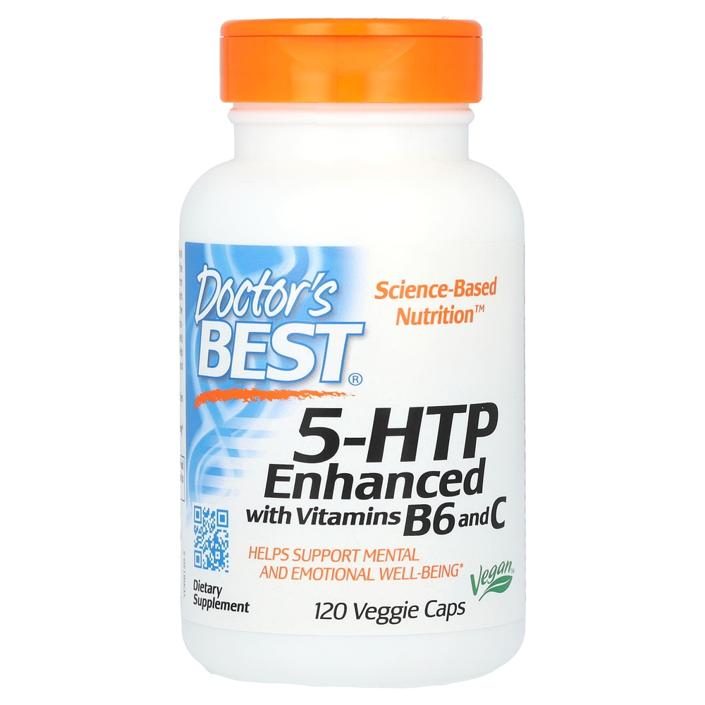 Doctor's Best, 5-HTP, обогащенный витаминами B6 и C, 120 растительных капсул