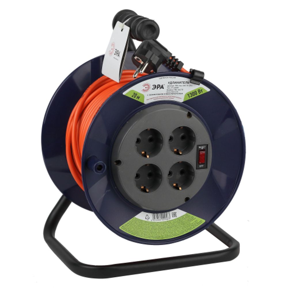 Удлинитель силовой ЭРА RPx-4es-3х0.75-20m на пластиковой катушке c заземлением 4 розетки 20м ПВС 3х0.75мм2 | Силовые удлинители