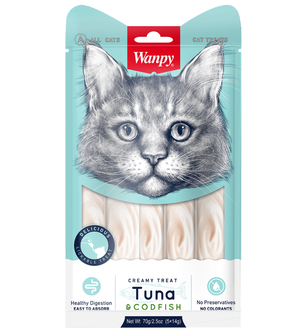 Wanpy Cat Лакомство для кошек «нежное пюре» из тунца и трески 70гр.