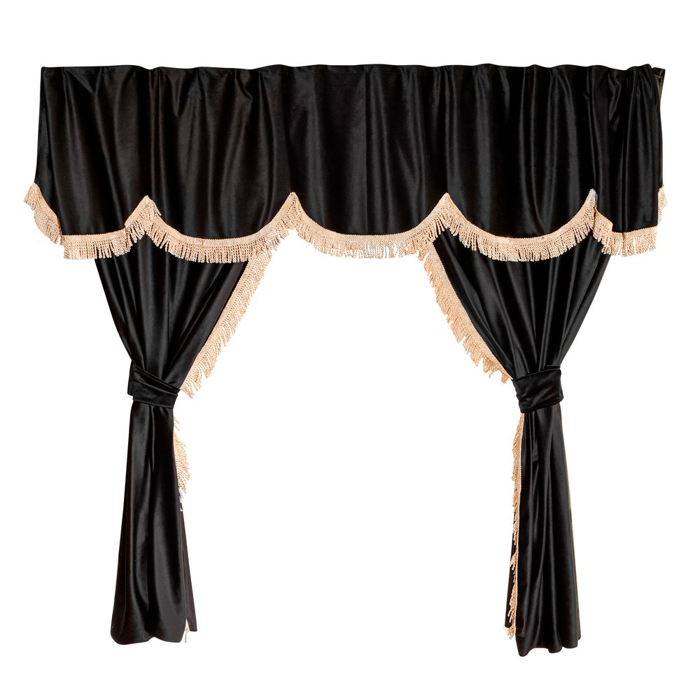 Шторы спального места с ламбрекеном и прихватами в кабину Volvo, Scania, MAN, DAF, Merc, Камаз, Sitrak, Shacman, Foton, FAW. Высота 1,5м, ширина одной стороны - 1,15м. Блэкаут, велюр. Черный цвет с бежевой бахромой